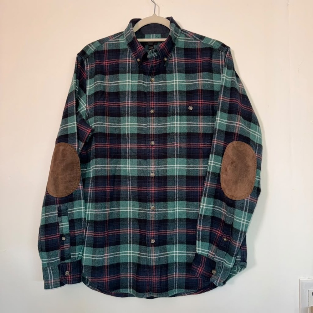 J. Crew Mens M Button Up Flannel Shirt Green Tartan Plaid Wool Suede Elbow Patch